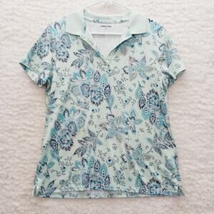 T-Shirt Women Henley Teal Floral Coastal Bloomcore Resort Cruise Vacation Size M